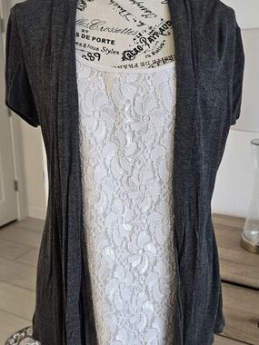 Lavish Charcoal Gray Open Cardigan with White Lace Tank